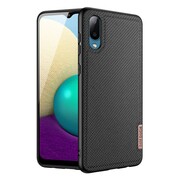 Samsung Galaxy A02 SM-A022F, Műanyag hátlap védőtok + szilikon keret, fényvisszaverő szövet hátlap, rács minta, Dux Ducis Fino, fekete akciós termékkép 1