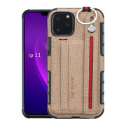 Apple iPhone 11 Pro Max, Szilikon tok, közepesen ütésálló, stand, textil hátlap, felakasztható, kézpánttal, világosbarna akciós termékkép 1