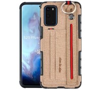 Samsung Galaxy S20 / S20 5G SM-G980 / G981, Szilikon tok, közepesen ütésálló, stand, textil hátlap, felakasztható, kézpánttal, világosbarna akciós termékkép 1