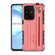 Samsung Galaxy S20 Ultra 5G SM-G988, Szilikon tok, közepesen ütésálló, stand, textil hátlap, felakasztható, kézpánttal, rózsaszín akciós termékkép 1