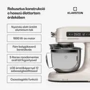 Klarstein Chiara konyhai robotgép, 1600 W, 12 beállítás, rozsdamentes acél tál, LCD kijelző, Tartozékokkal együtt termék 2. képe