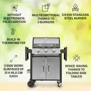 Klarstein Tomahawk, gázgrill, 3 x 3,6 kW-os égő, 60 x 43,5 cm, rozsdamentes acél grillsütő termék 2. képe