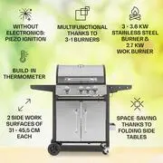 Klarstein Tomahawk 3.1 S, gázgrill, 3x3,6 kW-os égő + 2,7 kW-os oldalsó égő, 60x45cm, grill, rozsdamentes acélból készült termék 2. képe
