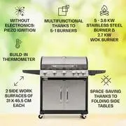 Klarstein Tomahawk, gázgrill, 5 x 3,6 kW-os + 2,7 kW-os égő, 80 x 43,5 cm-es rozsdamentes acél grillsütő termék 2. képe