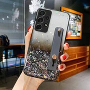Apple iPhone 13 Pro, Szilikon tok, közepesen ütésálló, kézpánttal, színátmenetes, csillogó minta, Wooze Strap Star, mintás/fekete termék 2. képe
