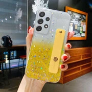 Apple iPhone 14, Szilikon tok, közepesen ütésálló, kézpánttal, színátmenetes, csillogó minta, Wooze Strap Star, mintás/sárga termék 2. képe