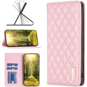 Apple iPhone 14 Pro Max, Oldalra nyíló tok, stand, kártyatartóval, 3D rombusz minta, Wooze Pillow, rózsaszín akciós termékkép 1