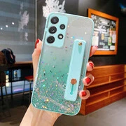 Apple iPhone 15, Szilikon tok, közepesen ütésálló, kézpánttal, színátmenetes, csillogó minta, Wooze Strap Star, mintás/menta termék 2. képe