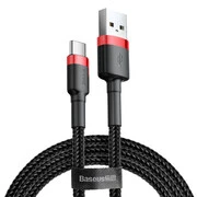 USB töltő- és adatkábel, USB Type-C, 50 cm, 3000 mA, törésgátlóval, gyorstöltés, cipőfűző minta, Baseus Cafule CATKLF-A91, fekete/piros akciós termékkép 1