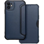 Apple iPhone 11, Oldalra nyíló tok, légpárnás sarok, bőrhatású, karbon minta, Razor Book, kék akciós termékkép 1
