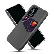 Huawei P40, Műanyag hátlap védőtok, közepesen ütésálló, textil bevonat, bőrhatású hátlap, kártyatartóval, szürke akciós termékkép 1
