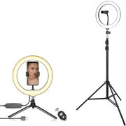 Prémium LED-es gyűrű alakú selfi lámpa, 26 cm átmérő, 90 - 160 cm, 360°-ban forgatható, dönthető, exponáló gombbal, bluetooth-os, tripod állvány funkció, fekete akciós termékkép 1